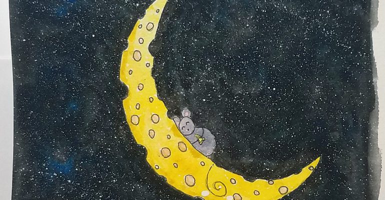 Mouse in a Swiss Cheese Moon Watercolor